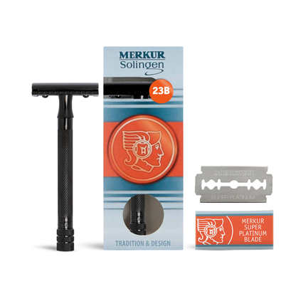 Merkur 23B Black Double Edge Safety Razor, Straight Cut, Extra Long Handle, Black PVD Coated