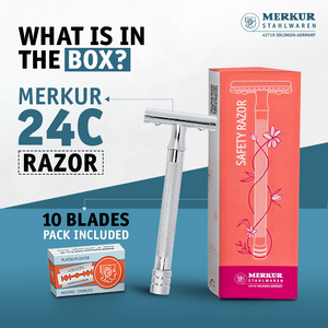 Merkur DE Razor, Straight Comb, Long Handle, Bright Chrome, incl. 10 blades