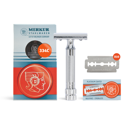 Merkur 334C HD Set of Double Edge Razor Compact Handle, Chrome Finish, 10 blades