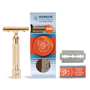 Rasoir de sécurité Merkur 34G à double tranchant, coupe droite, manche extra épais, plaqué or