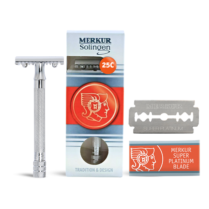 Rasoir de sécurité Merkur 25C à double tranchant, peigne à dents ouvertes, manche extra long, chrome