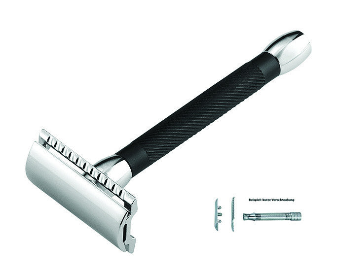 Merkur 20B Double Edge Safety Razor, Straight Cut, Chrome, Extra Long Black Handle, Double Edge Safety Razors